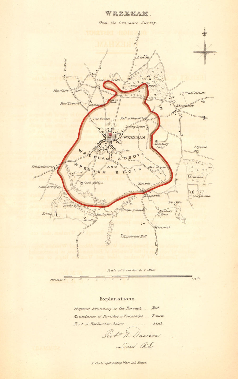 WREXHAM/WRECSAM borough/town plan. REFORM ACT. Rhosnesni. Wales. DAWSON 1832 map