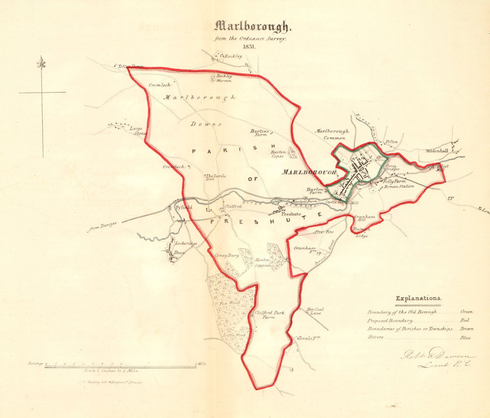 MARLBOROUGH borough/town plan. REFORM ACT. Lockeridge Wiltshire. DAWSON 1832 map