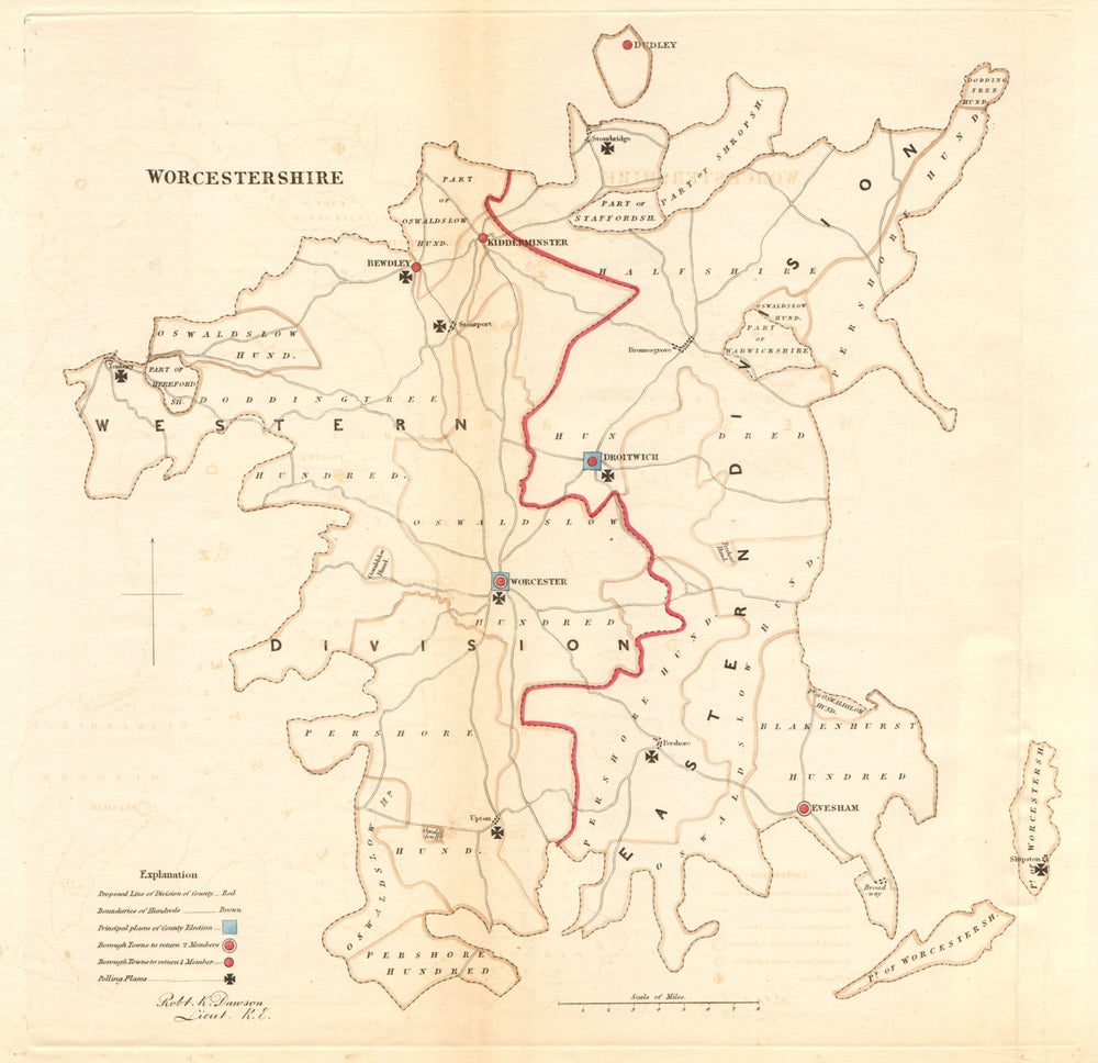 Worcestershire county map. Divisions boroughs electoral. REFORM ACT. DAWSON 1832