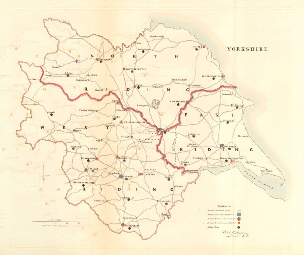Yorkshire county map. Ridings boroughs electoral. REFORM ACT. DAWSON 1832