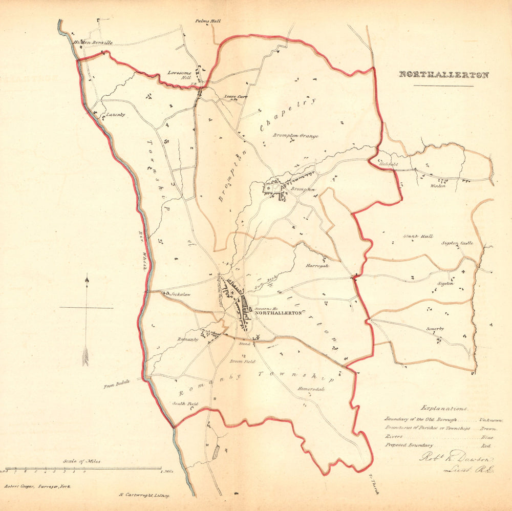 NORTHALLERTON borough/town plan. REFORM ACT. Brompton Romanby. DAWSON 1832 map