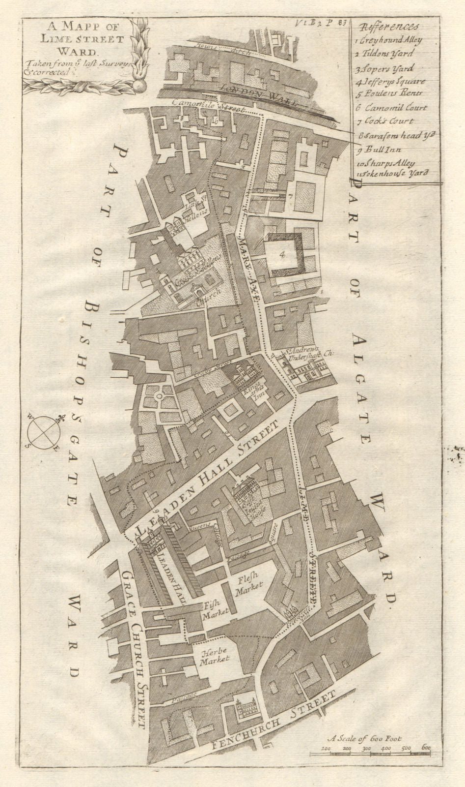 'Lime Street Ward'. Leadenhall/Gracechurch St. City/London. STOW/STRYPE 1720 map