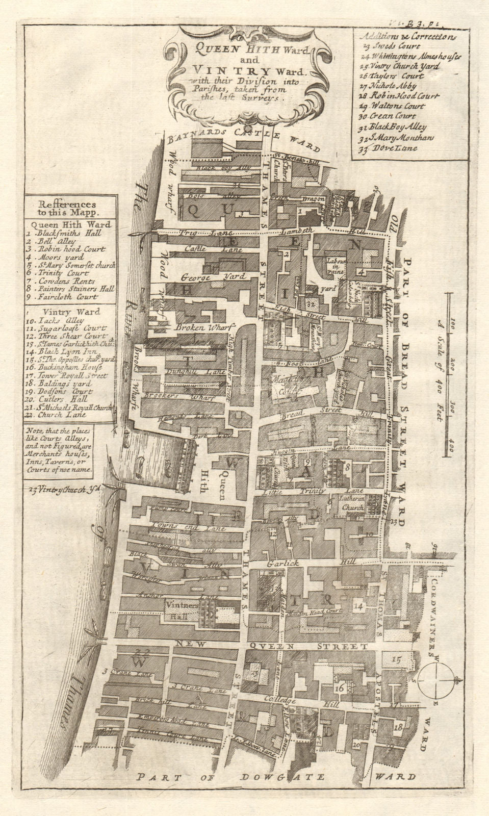Queenhithe & Vintry Wards. Thames Street, City of London. STOW/STRYPE 1720 map