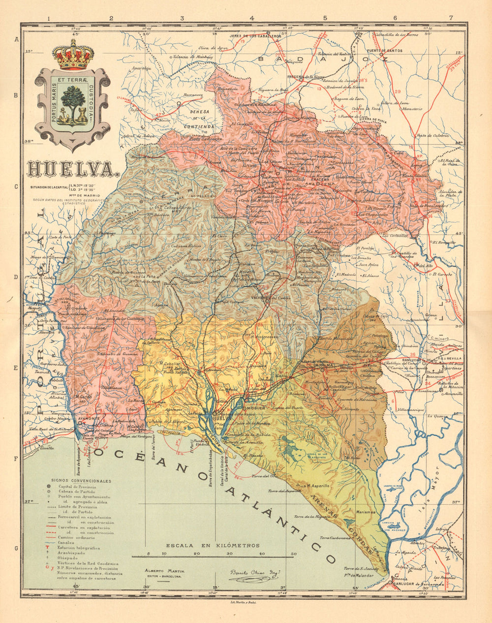 HUELVA. Andalucia. Mapa antiguo de la provincia. ALBERTO MARTIN c1911 old