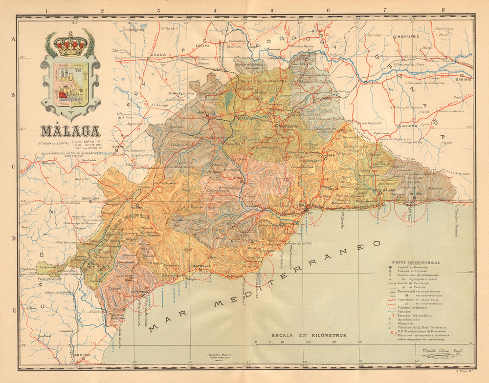 MÁLAGA. Malaga. Andalucia. Mapa antiguo de la provincia. ALBERTO MARTIN c1911