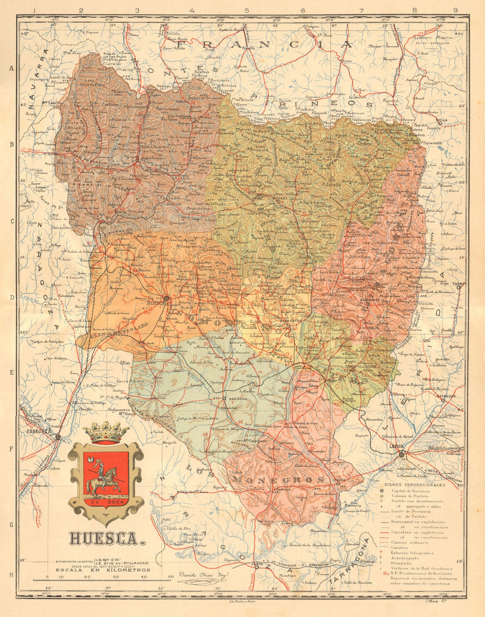 HUESCA. Aragon. Mapa antiguo de la provincia. ALBERTO MARTIN c1911 old