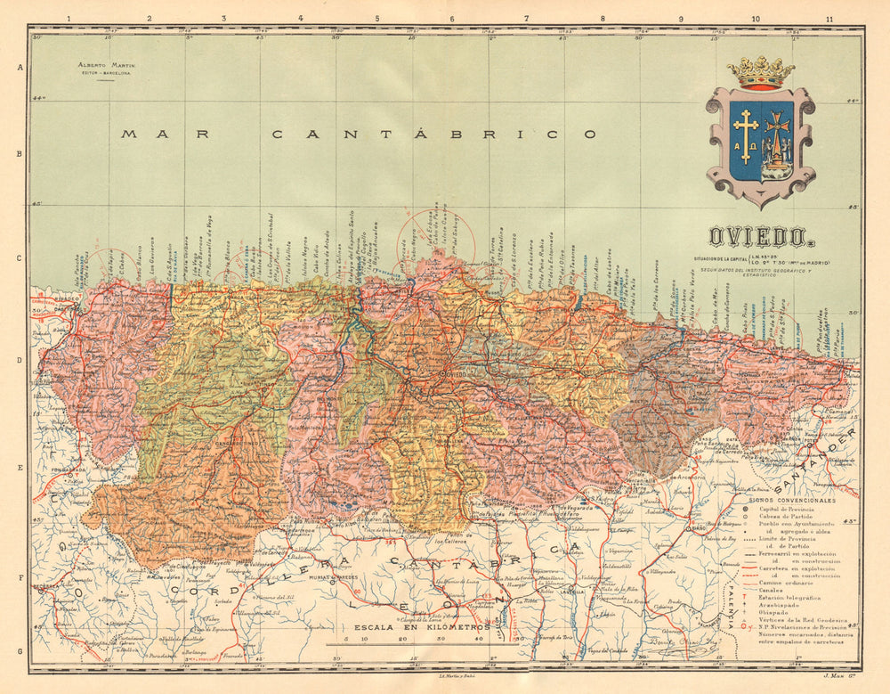 ASTURIAS. Oviedo. Mapa antiguo de la provincia. ALBERTO MARTIN c1911 old