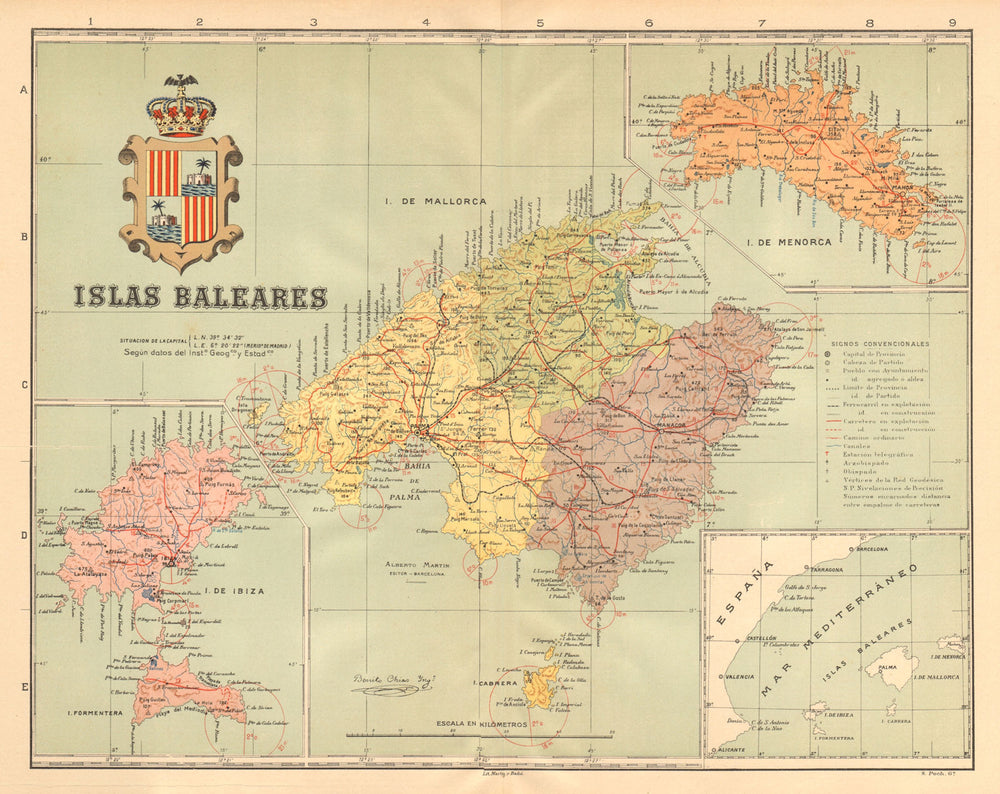 ISLAS BALEARES ILLES BALEARS Mallorca Ibiza Menorca Balearic Islands c1911 map