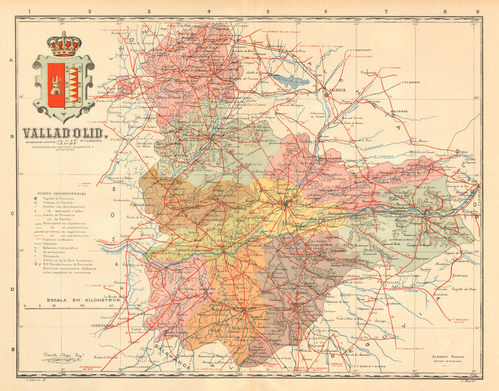 VALLADOLID. Castilla y León. Mapa antiguo de la provincia. ALBERTO MARTIN c1911