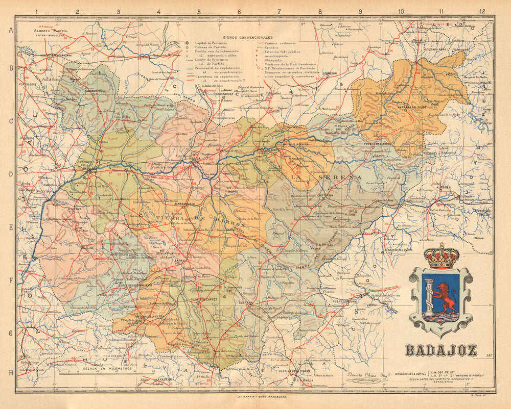 BADAJOZ. Mérida. Extremadura. Mapa antiguo de la provincia. ALBERTO MARTIN c1911