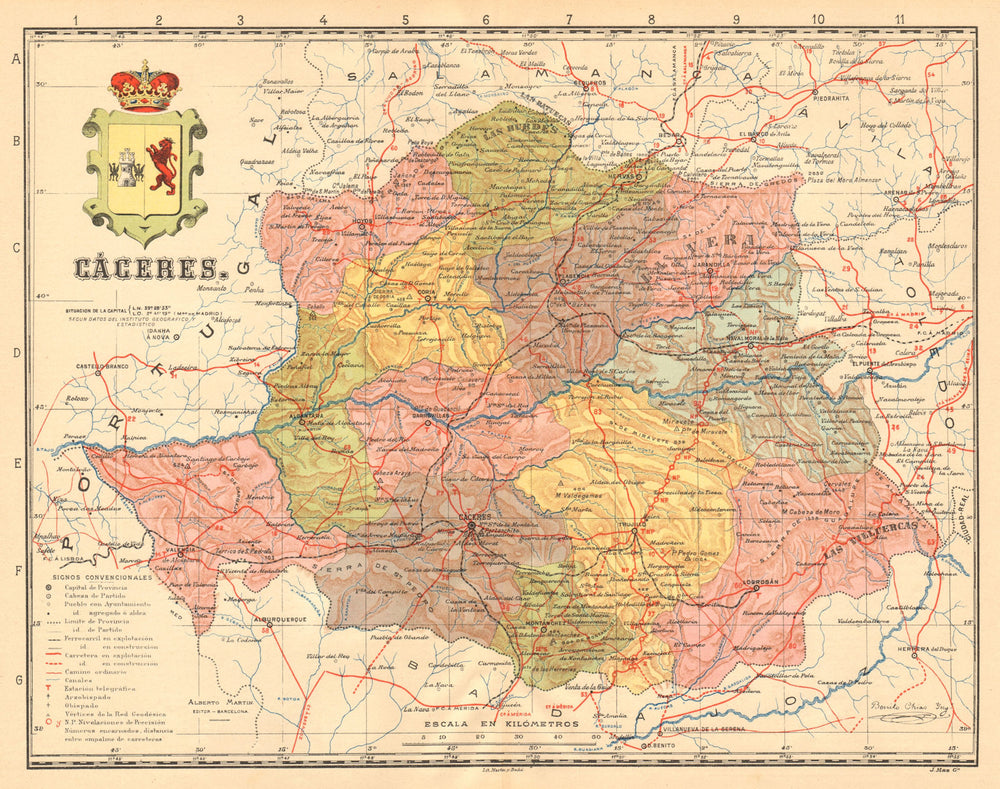 CÁCERES. Caceres. Extremadura. Mapa antiguo de la provincia. MARTIN c1911