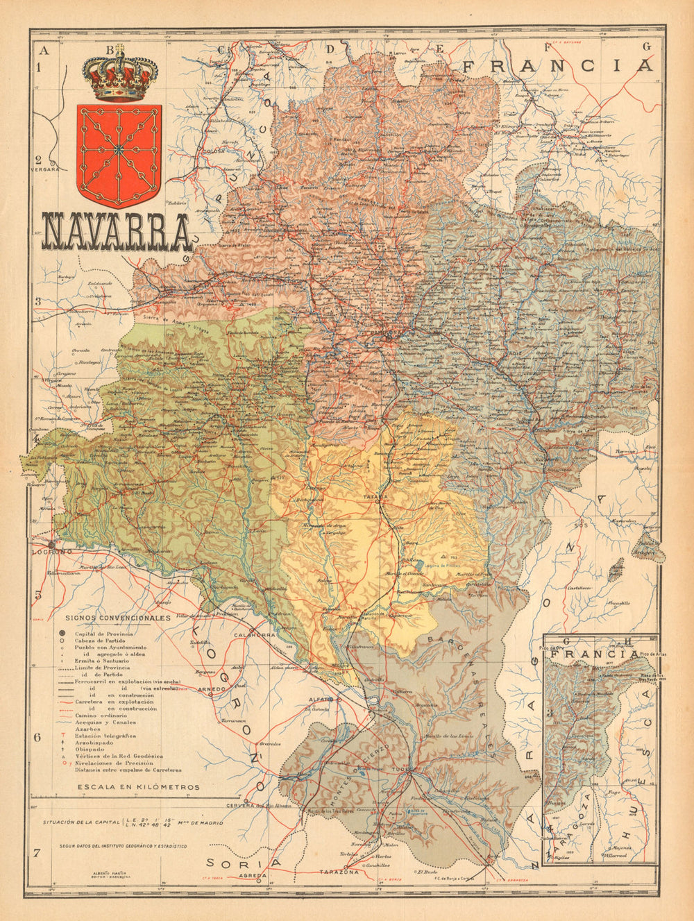 NAVARRE NAFARROA NAVARRA. Pamplona. Iruña. Mapa antiguo provincia. MARTIN c1911