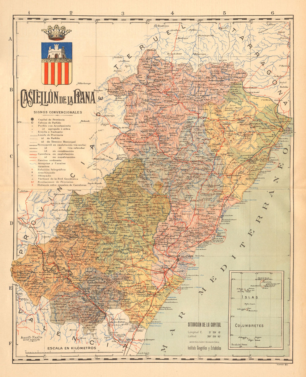 CASTELLÓN DE LA PLANA Comunitat Valenciana Mapa antiguo provincia. MARTIN c1911
