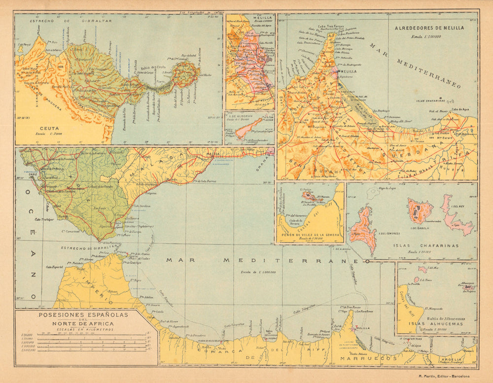 NORTE DE AFRICA ESPANOL. CEUTA MELILLA Marruecos Chafarinas Alboran c1911 map