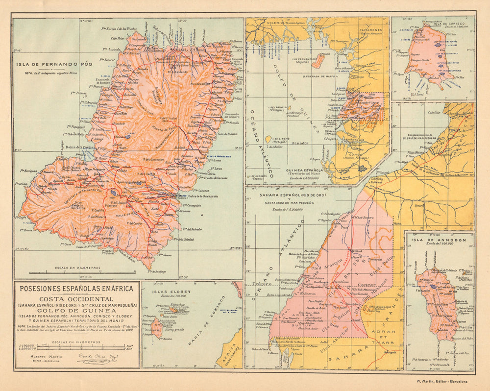 AFRICA ESPANOL Bioko Fernando Po Sahara Rio Oro Annobon Corisco Muni c1911 map