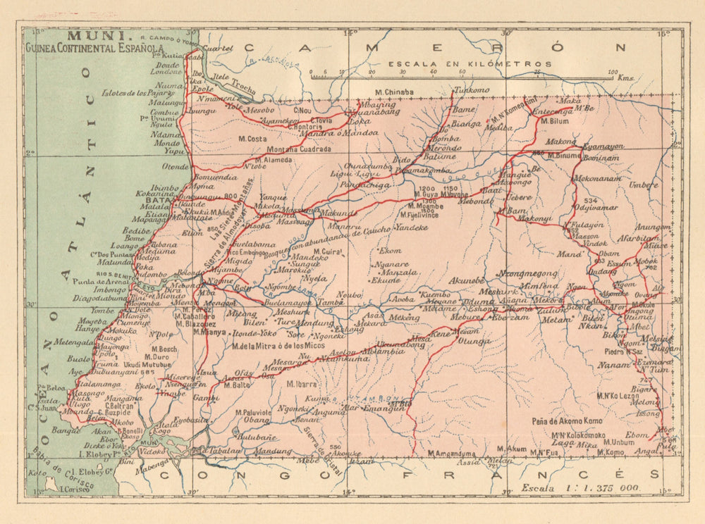 EQUATORIAL GUINEA ECUATORIAL. Muni Guinea continental Espanola. MARTIN c1911 map