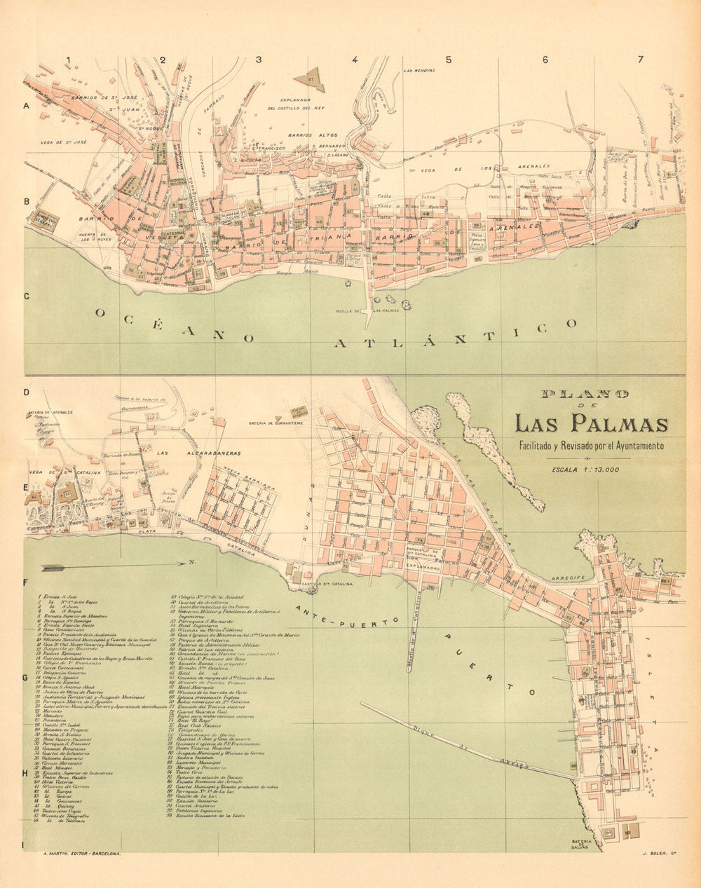 LAS PALMAS. Plano antiguo de la cuidad. Antique town/city plan. MARTIN c1911 map