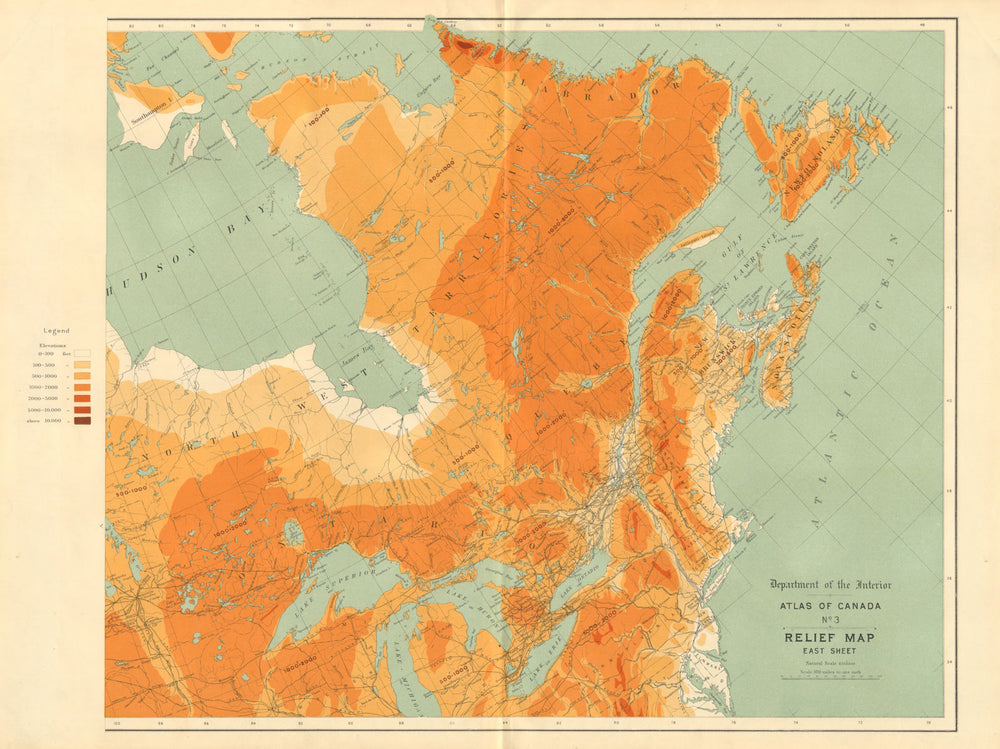 EASTERN CANADA relief. Maritimes Ontario Quebec Great Lakes. WHITE 1906 map