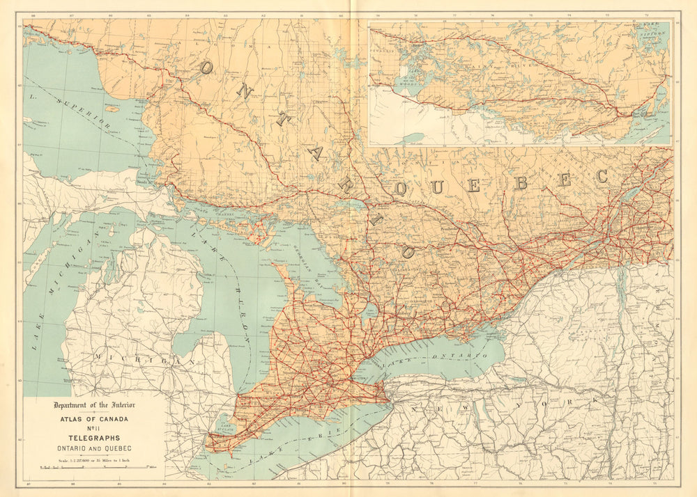 Ontario and Quebec. TELEGRAPH CABLES. Canada. WHITE 1906 old antique map chart