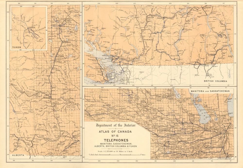 CANADA TELEPHONE CABLES. Manitoba SK Alberta British Columbia Yukon 1906 map