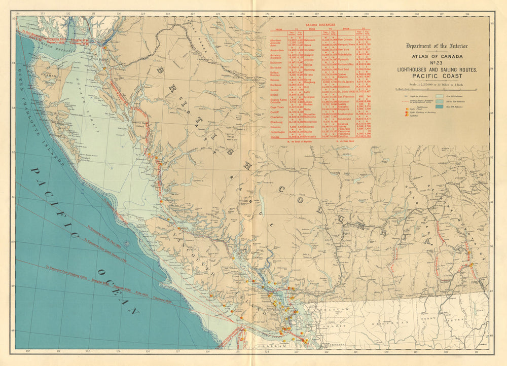 CANADA PACIFIC COAST. Lighthouses and sailing routes. WHITE 1906 old map