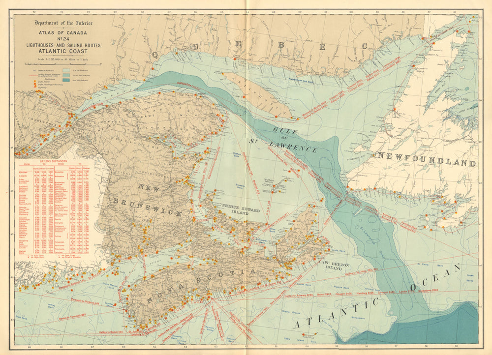 CANADA ATLANTIC COAST. Lighthouses and sailing routes. WHITE 1906 old map