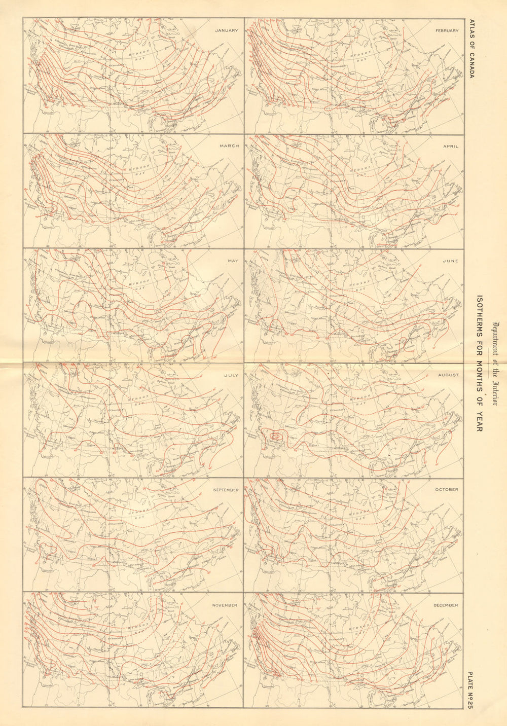 CANADA Isotherms for months of the year. Temperature. WHITE 1906 old map