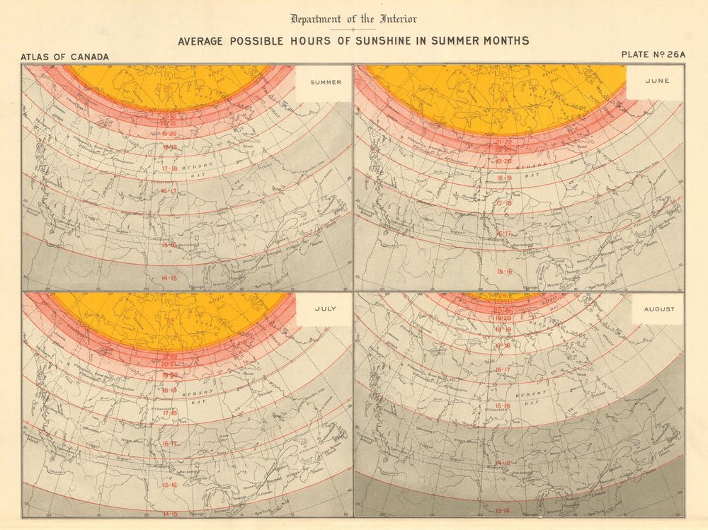 CANADA SUMMER DAYLIGHT HOURS. Average possible hours of sunshine. WHITE 1906 map