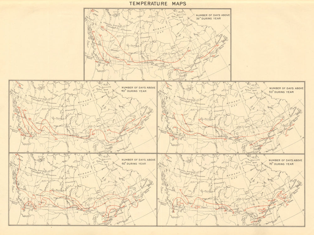 CANADA. Temperature maps. Days above 32˚ 40˚ 50˚ 60˚ 70˚per year. WHITE 1906