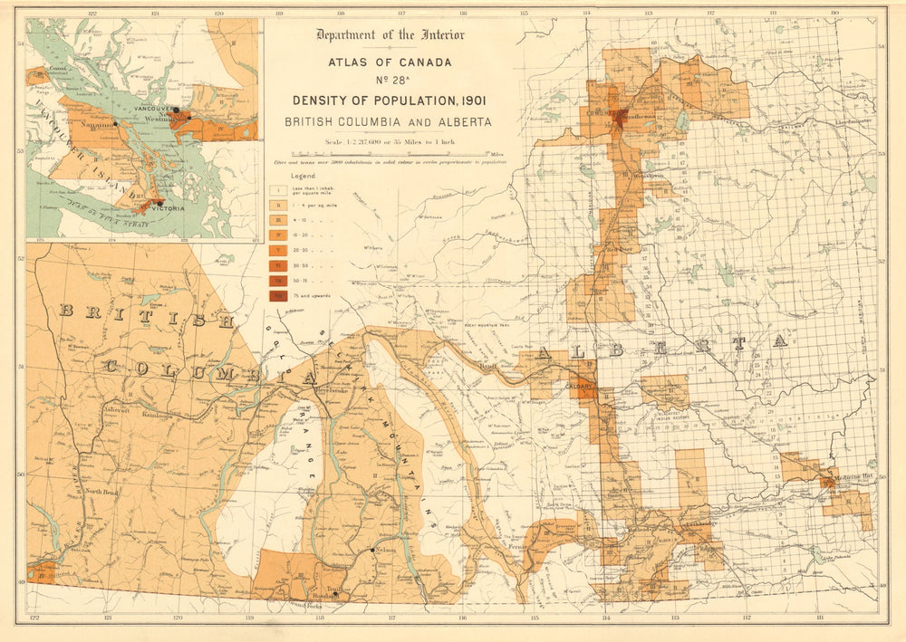 CANADA POPULATION DENSITY 1901. British Columbia and Alberta. WHITE 1906 map