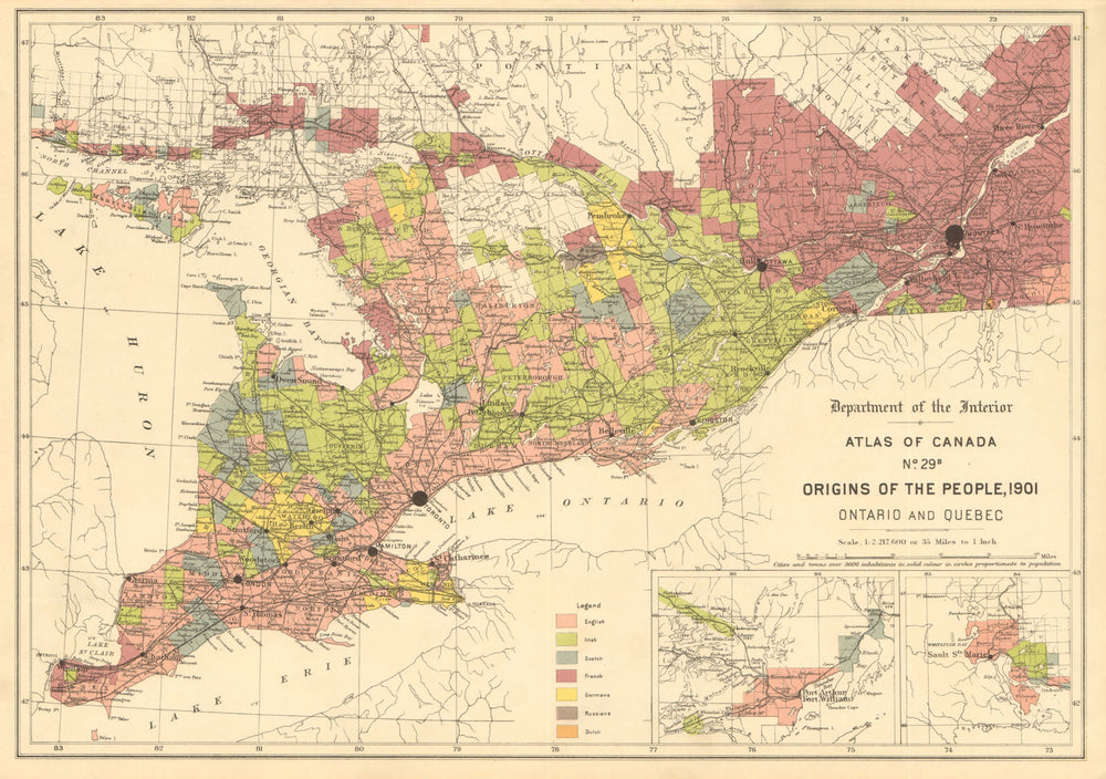 CANADA ETHNIC ORIGINS. Ontario & Quebec. English Irish French Scottish 1906 map