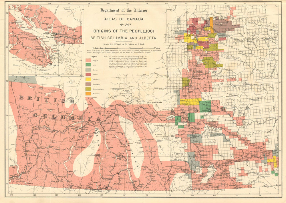 CANADA ETHNIC ORIGINS. British Columbia & Alberta. English Irish French 1906 map