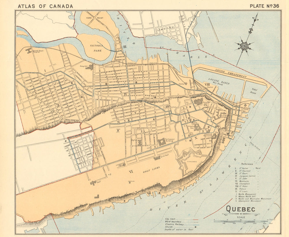 QUEBEC town city plan de la ville. Québec, Canada. WHITE 1906 old antique map