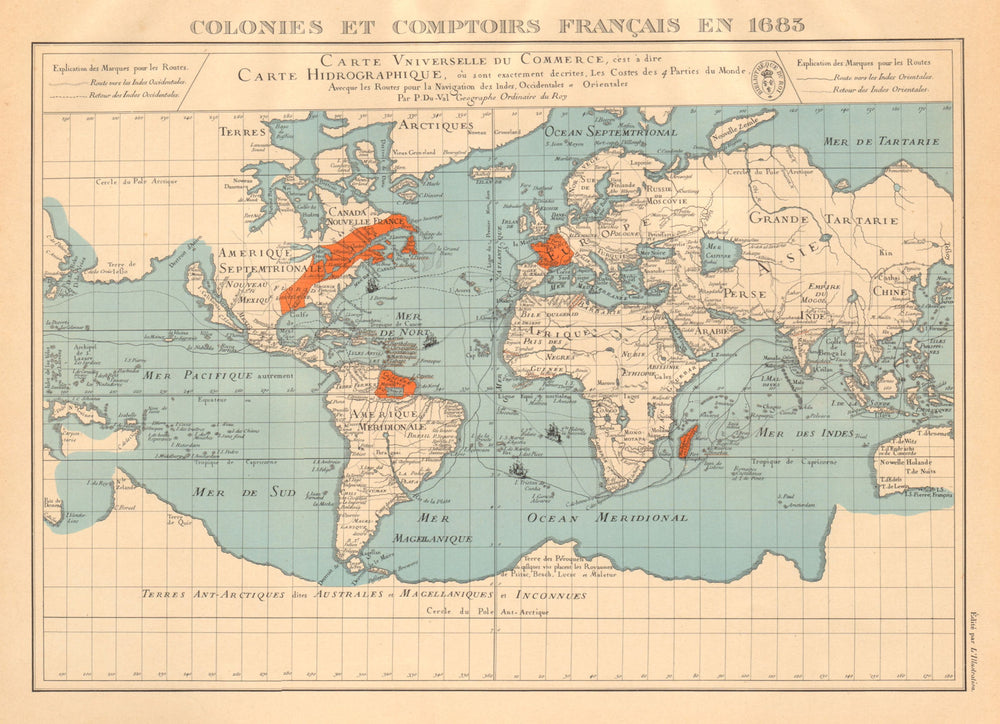 FRENCH COLONIES & TRADING POSTS 1683. Colonies et comptoirs Français 1938 map