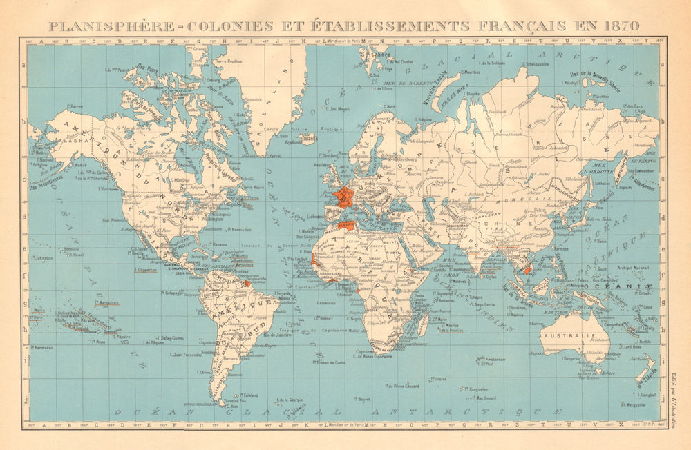 FRENCH COLONIES & établissements Français en 1870. Planisphere 1938 old map