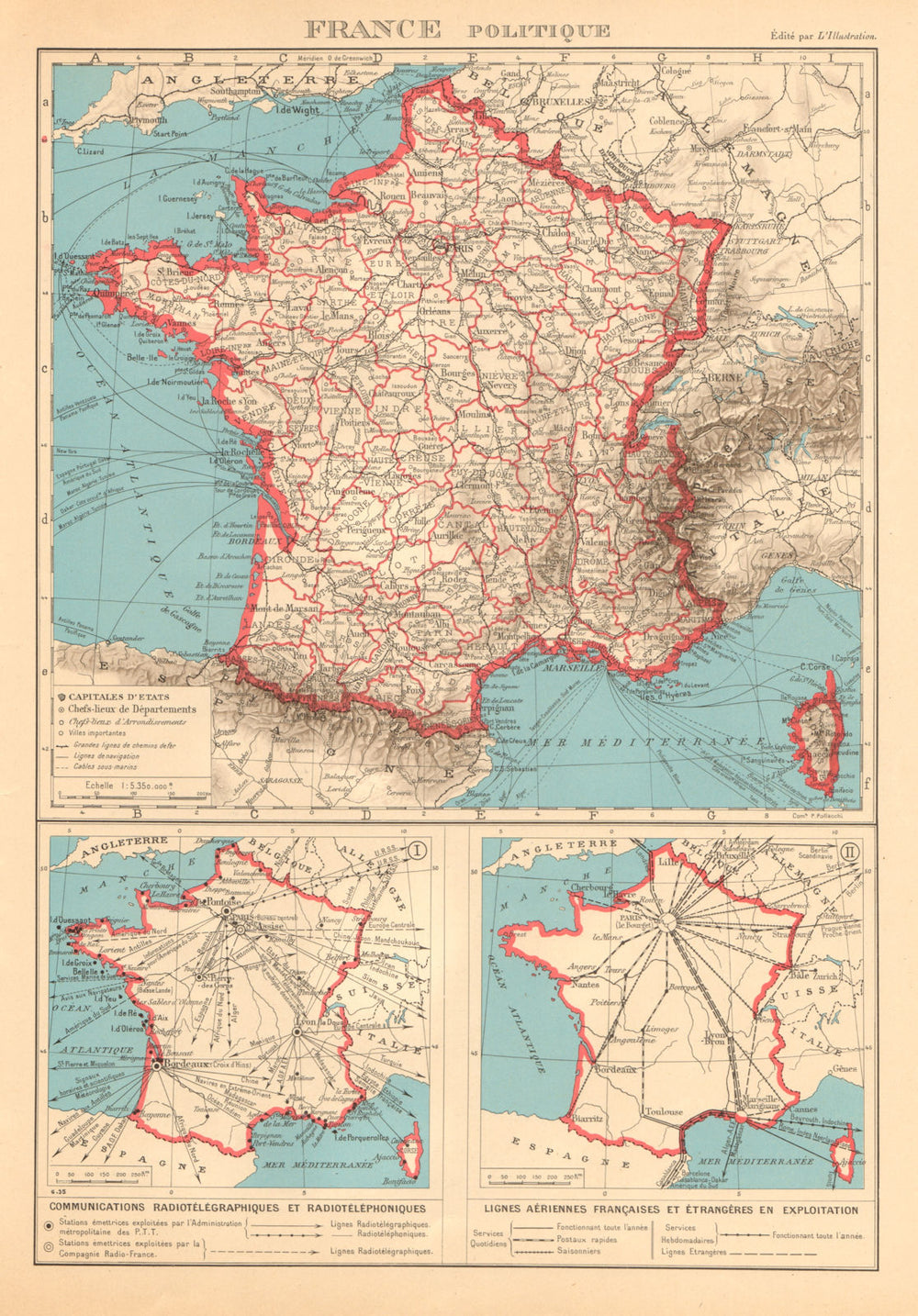 FRANCE Communications radiotéléphoniques. Lignes aériennes. Air routes 1938 map