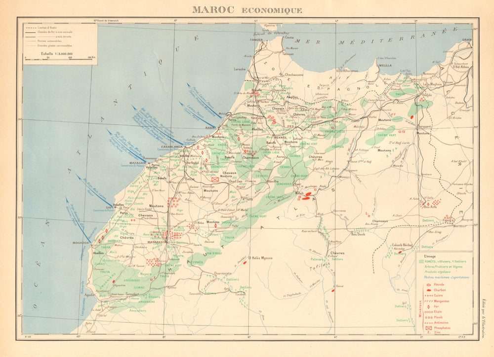 FRENCH MOROCCO ECONOMIC/RESOURCES Maroc Protectorat français economique 1938 map