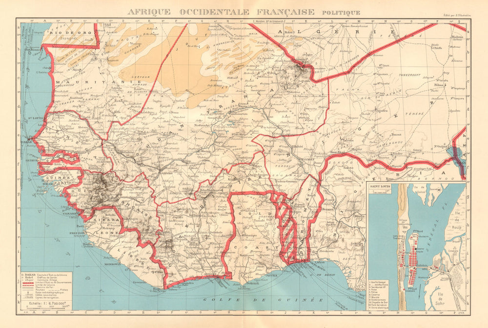 FRENCH WEST AFRICA. Afrique Occidentale Française. Saint-Louis, Senegal 1938 map