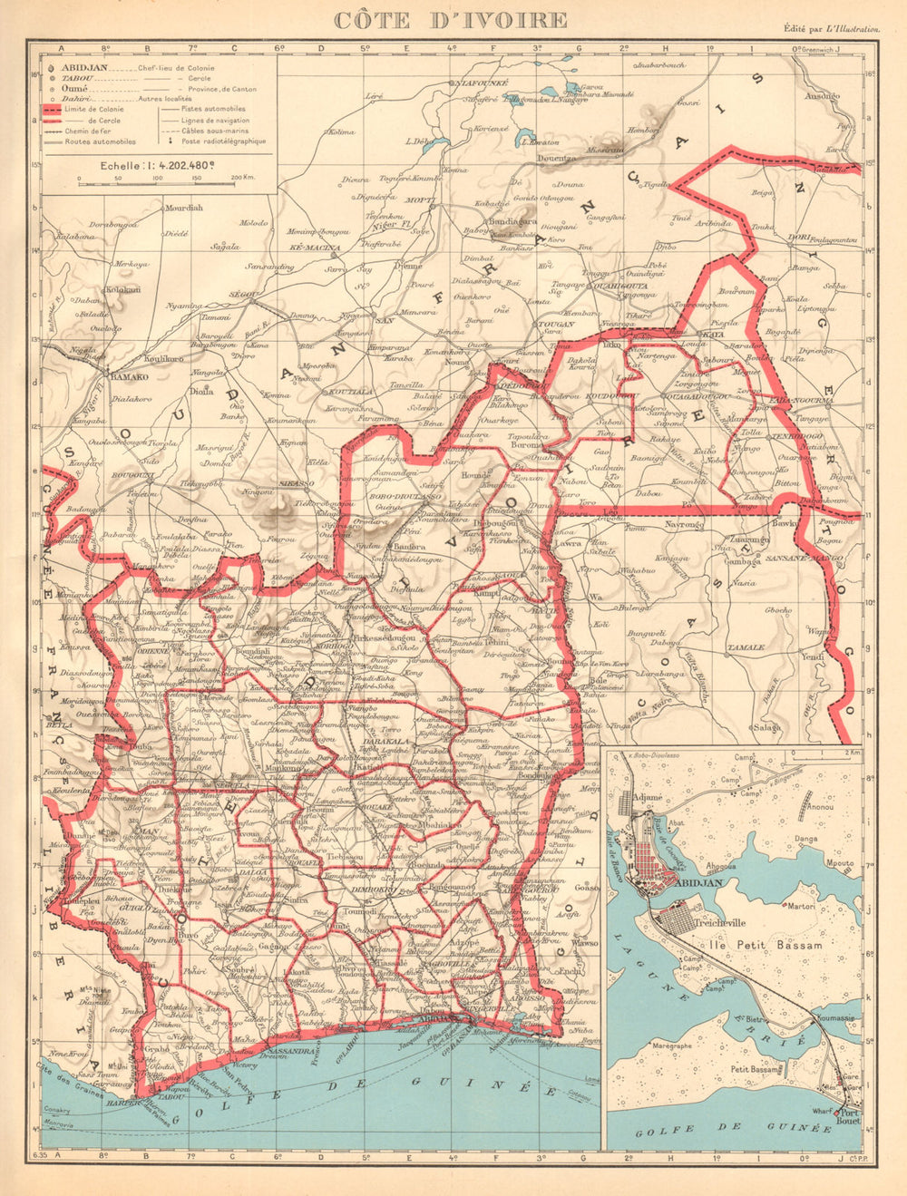 IVORY COAST. Cote d'Ivoire. Abidjan city plan. + part of Burkina Faso 1938 map