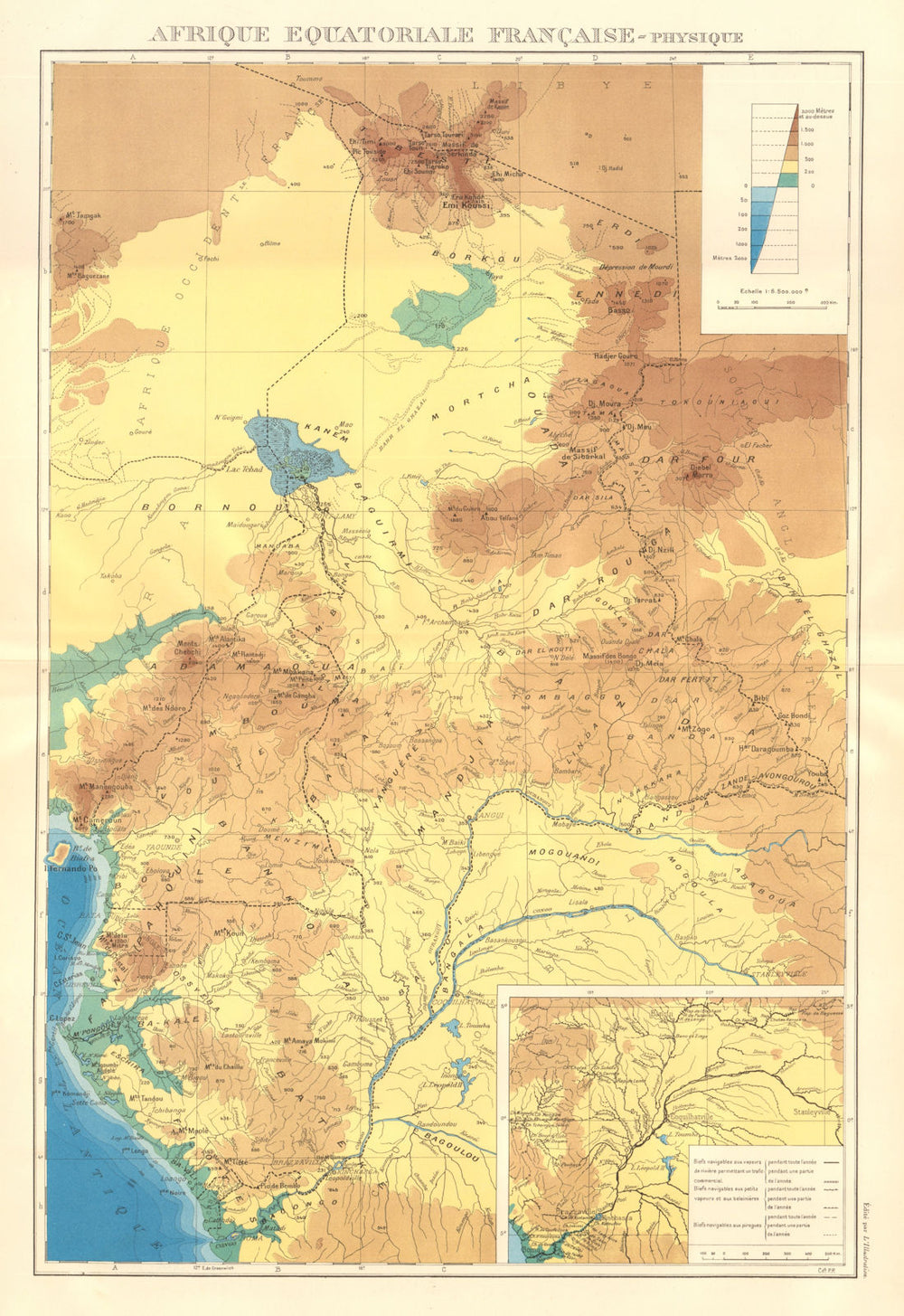 FRENCH EQUATORIAL AFRICA Afrique équatoriale française.Navigable rivers 1938 map