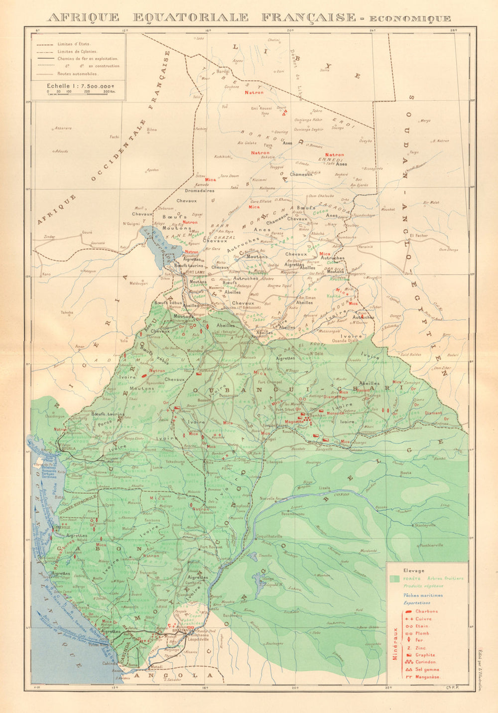 FRENCH EQUATORIAL AFRICA. Afrique équatoriale française. Resources 1938 map