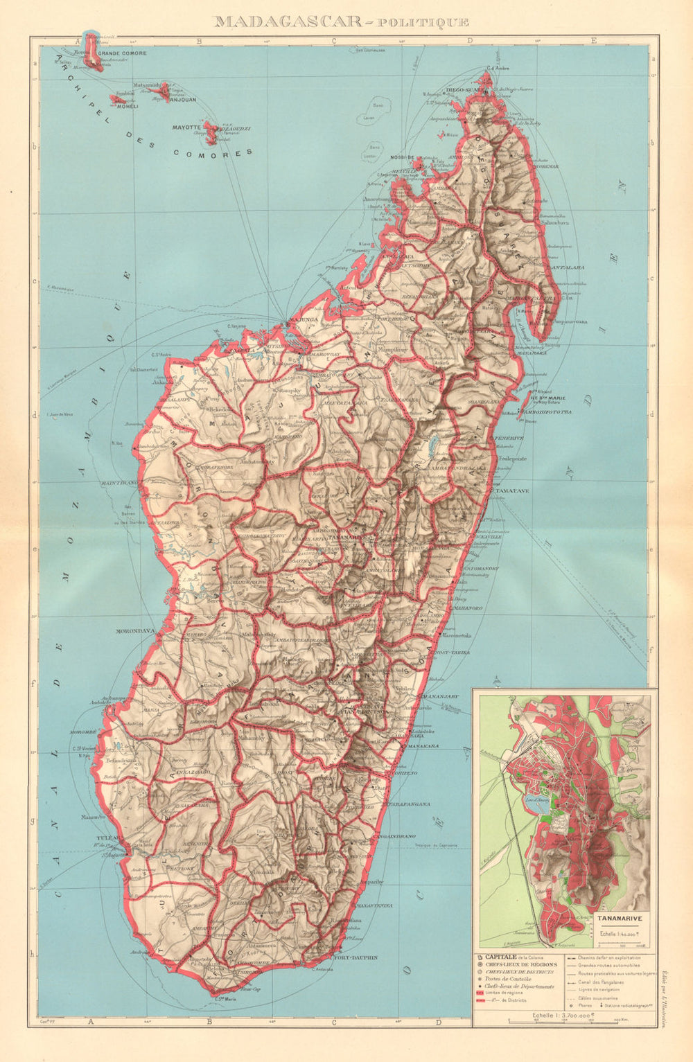 COLONIAL MADAGASCAR. Tananarive/Antananarivo city plan. Comoros Mayotte 1938 map