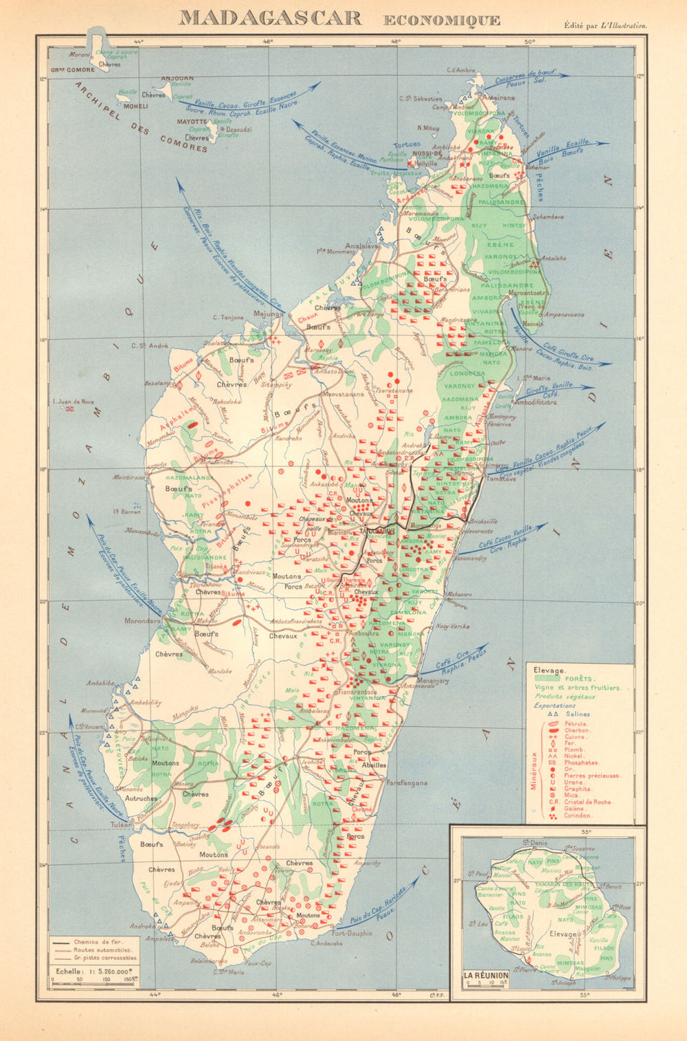 COLONIAL MADAGASCAR RESOURCES. Minerals Economique. Inset La Réunion 1938 map