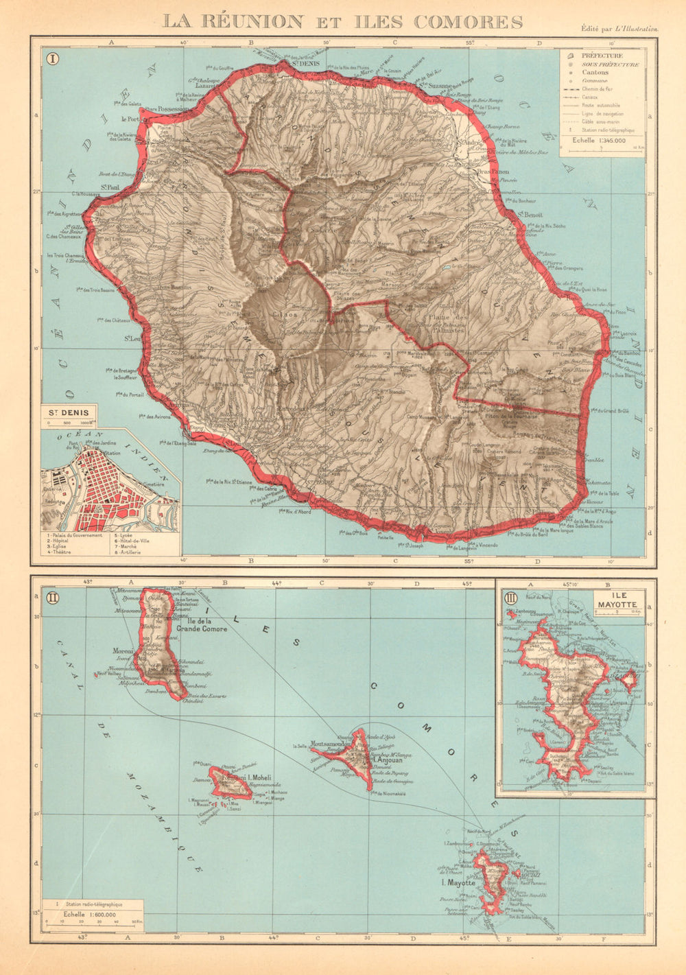 FRENCH INDIAN OCEAN ISLANDS La Réunion Comores/Comoros Mayotte St Denis 1938 map