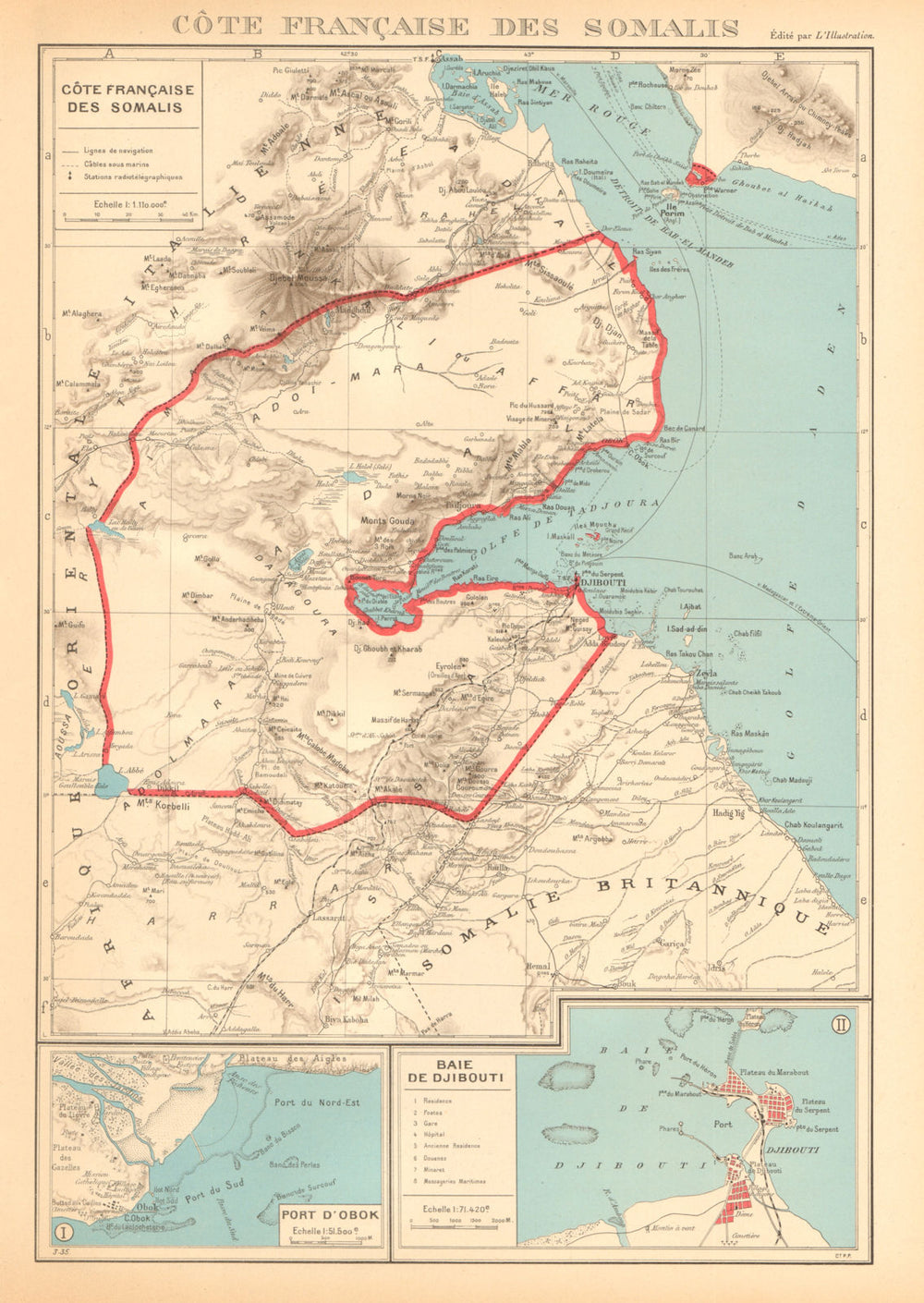 FRENCH SOMALILAND. Cote Française des Somalis. Obok & DJIBOUTI plans 1938 map