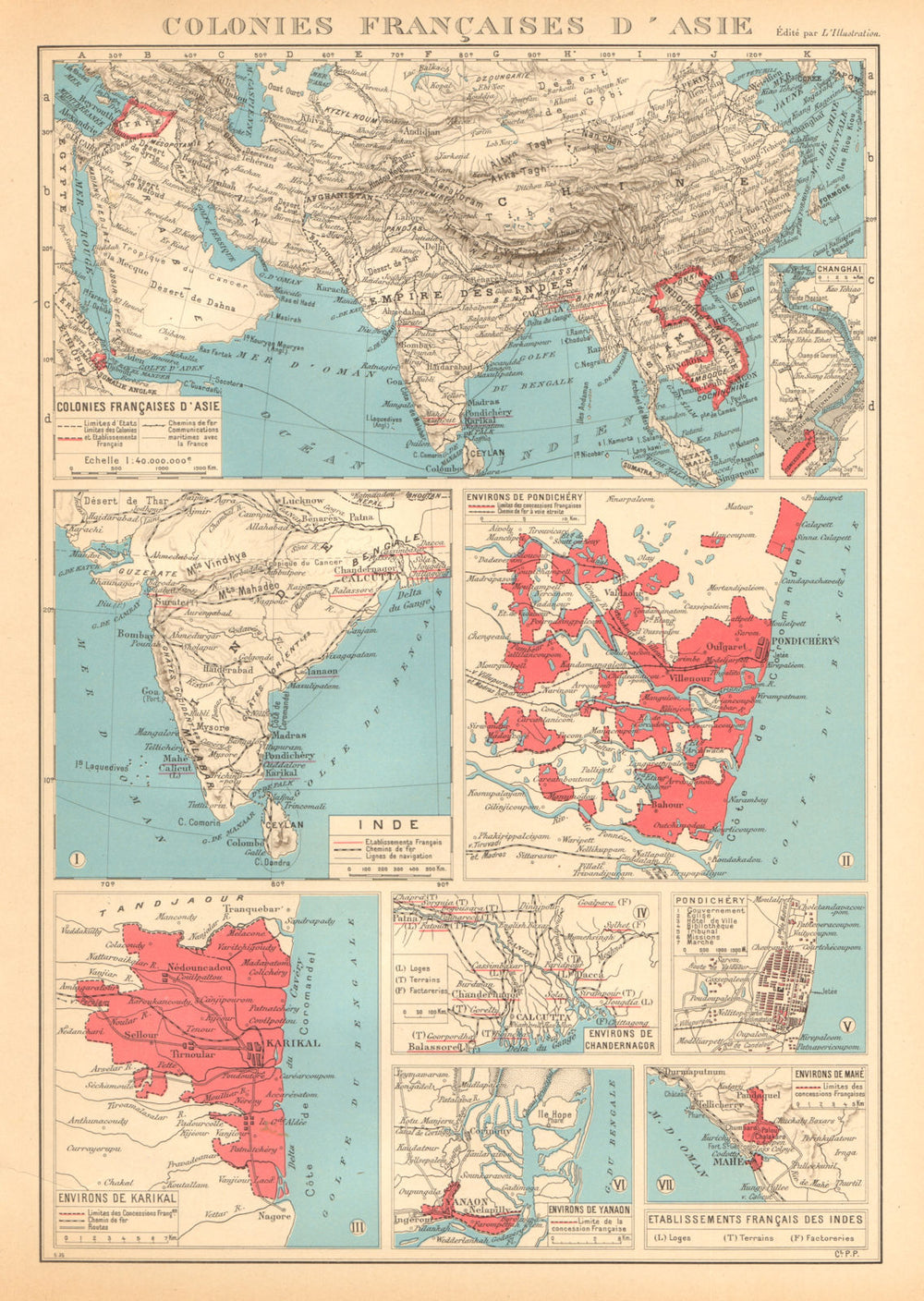 FRENCH INDIA Indes français Pondichéry Karikal Yanaon Chandernagor Mahé 1938 map
