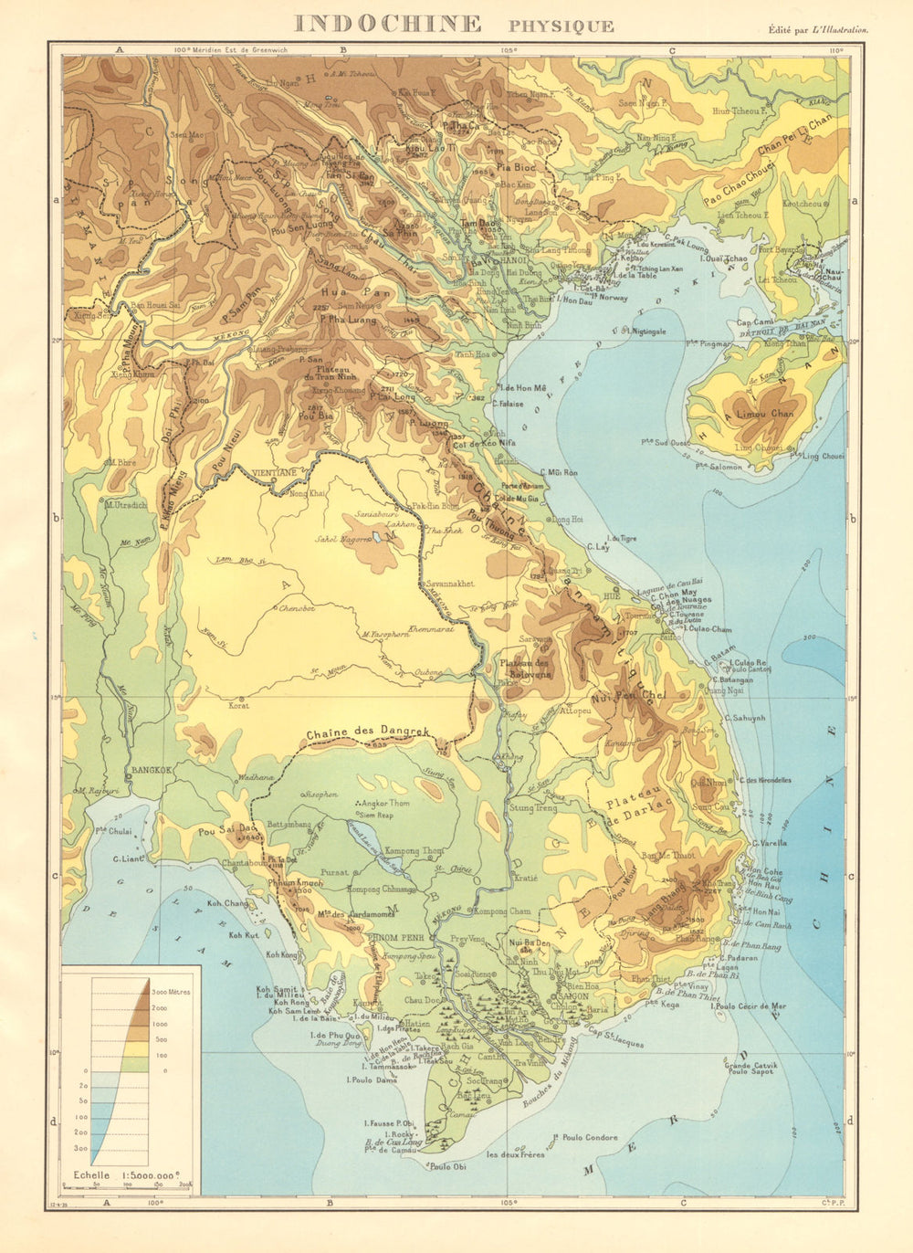 COLONIAL FRENCH INDOCHINA. Indochine française. Physique. Physical 1938 map