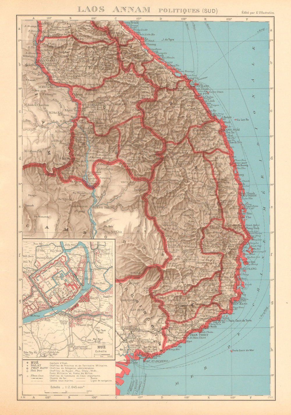 FRENCH INDOCHINA Indochine. South Laos & Annam. Vietnam. Hue city plan 1938 map