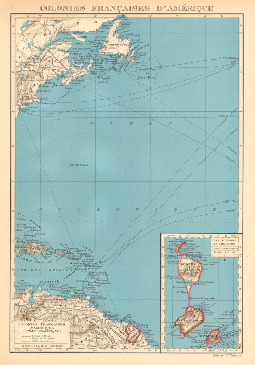 FRENCH AMERICAS. Colonies Françaises d' Amerique. St-Pierre et Miquelon 1938 map