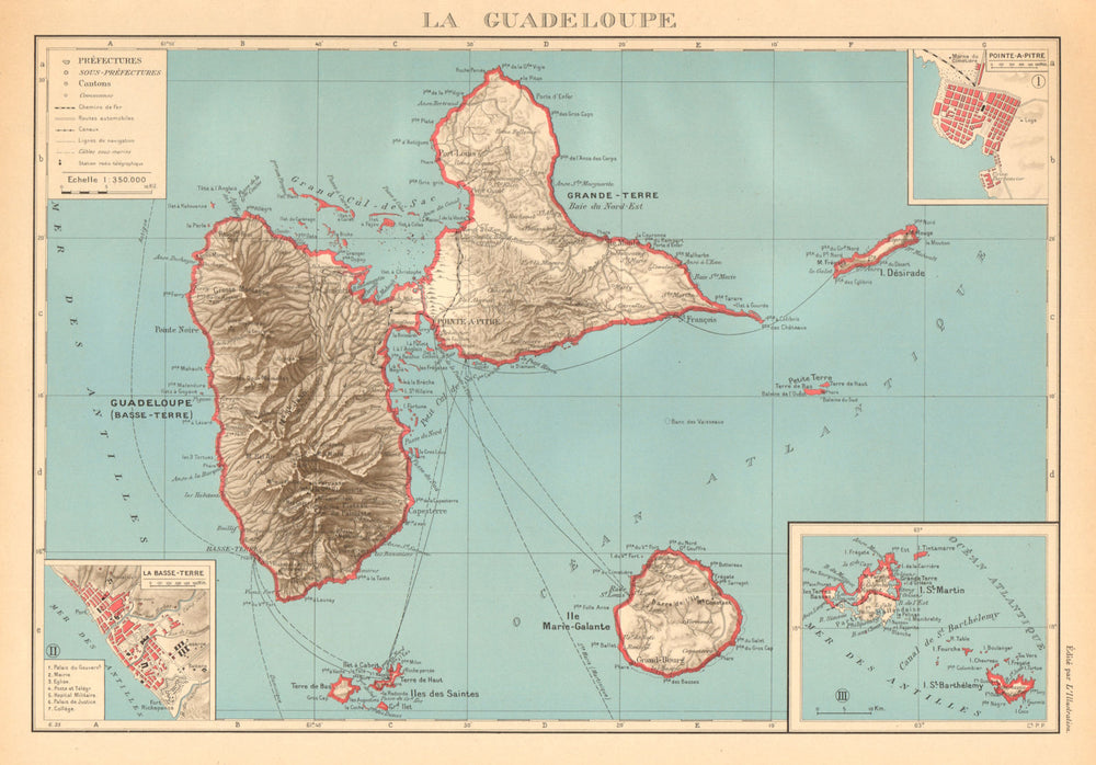 GUADELOUPE. Basse-Terre; Pointe-à-Pitre. St-Martin Saint-Barthélemy 1938 map